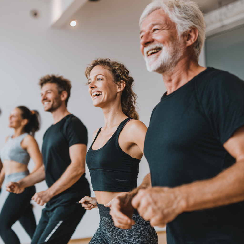 Mature Ukrainian man and woman in their 50s smiling confidently while holding dumbbells in a well-lit gym, demonstrating healthy aging through fitness