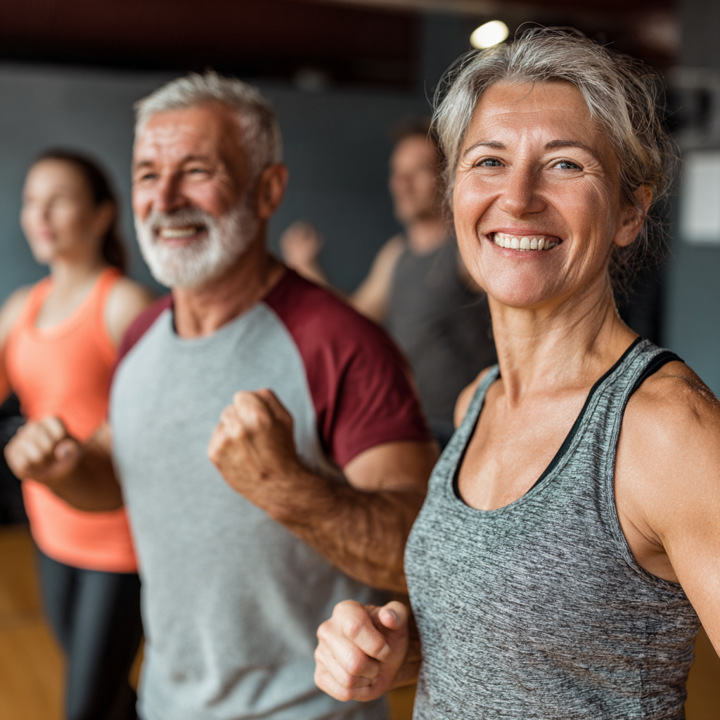 Team of diverse Ukrainian fitness trainers in their 40s and 50s smiling warmly in a professional gym setting, showing expertise and approachability